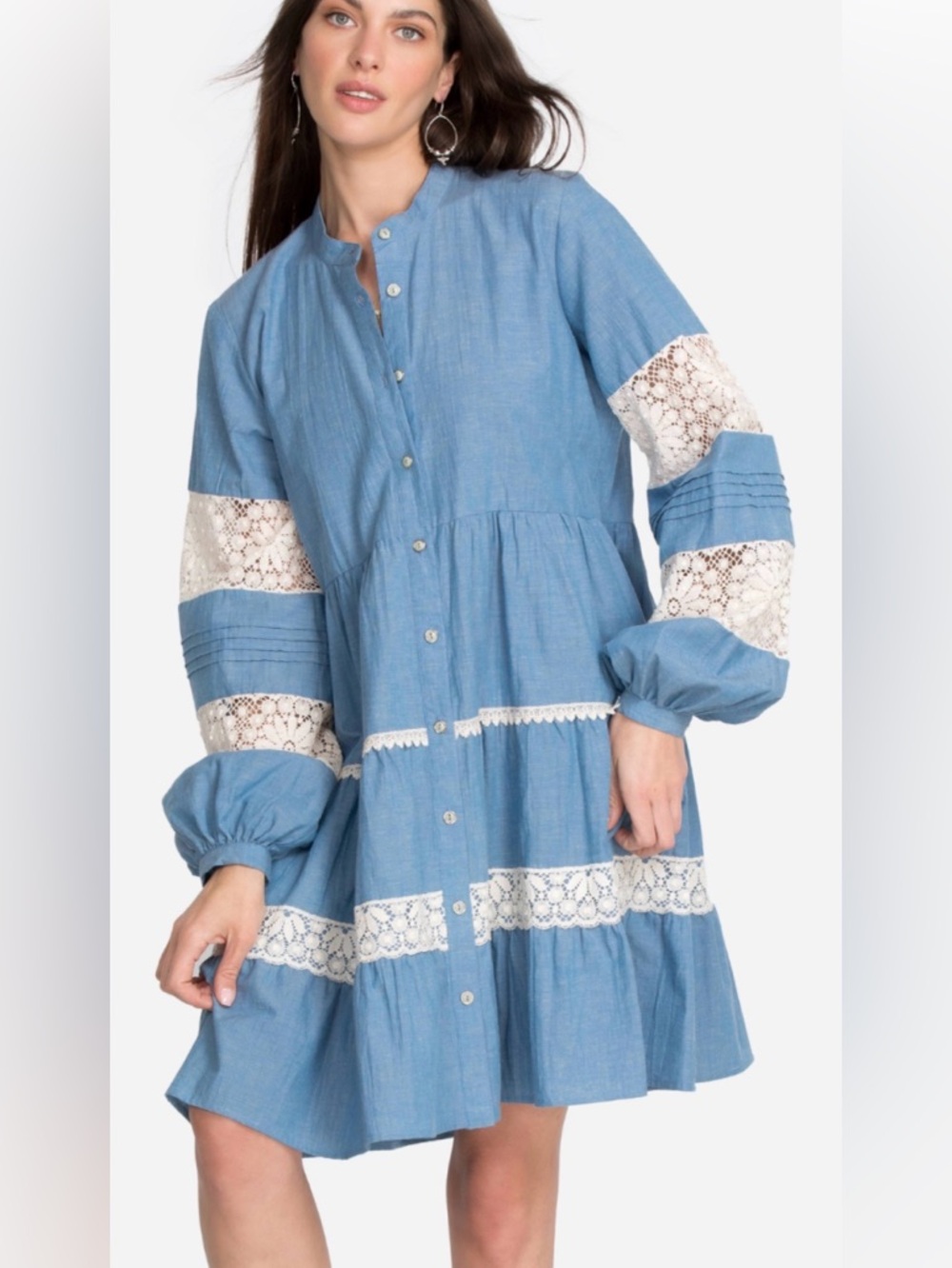 Johnny Was laguna pieced Light Blue Lace-Trim Button Mini Dress